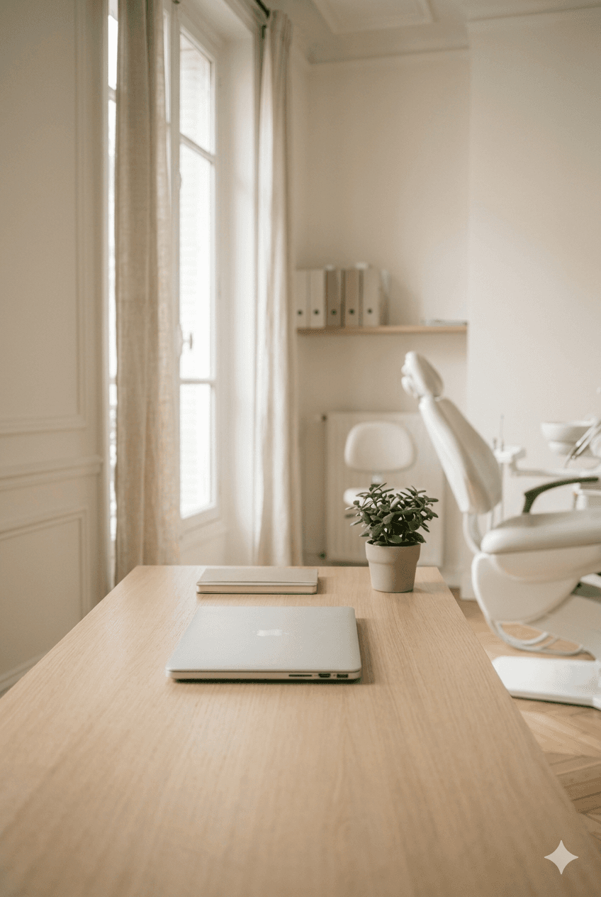 Bureau d'un cabinet dentaire avec ordinateur portable, fauteuil en arrière-plan, lumière naturelle
