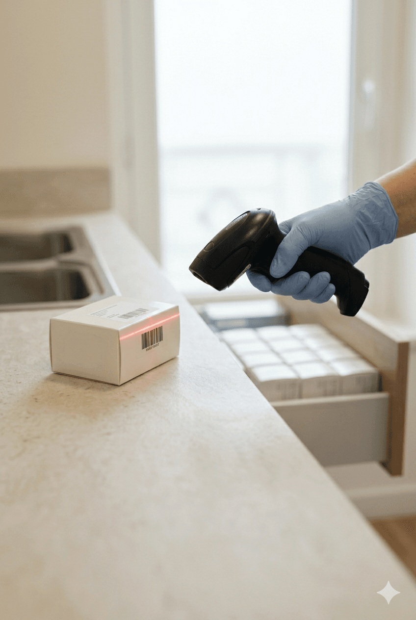 Main gantée scannant un code-barres sur une boîte de consommable dentaire